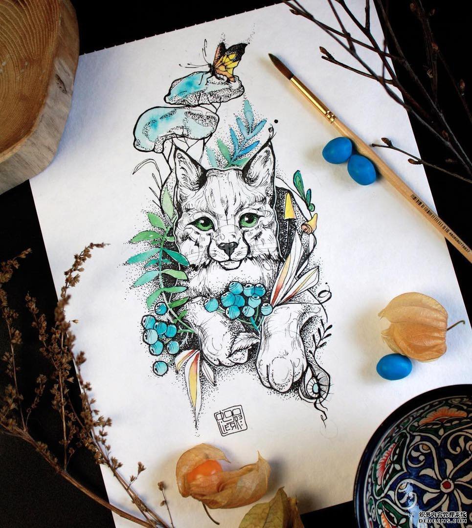 点刺猫咪色彩花纹身手稿