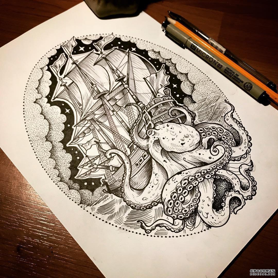 帆船章鱼纹身手稿