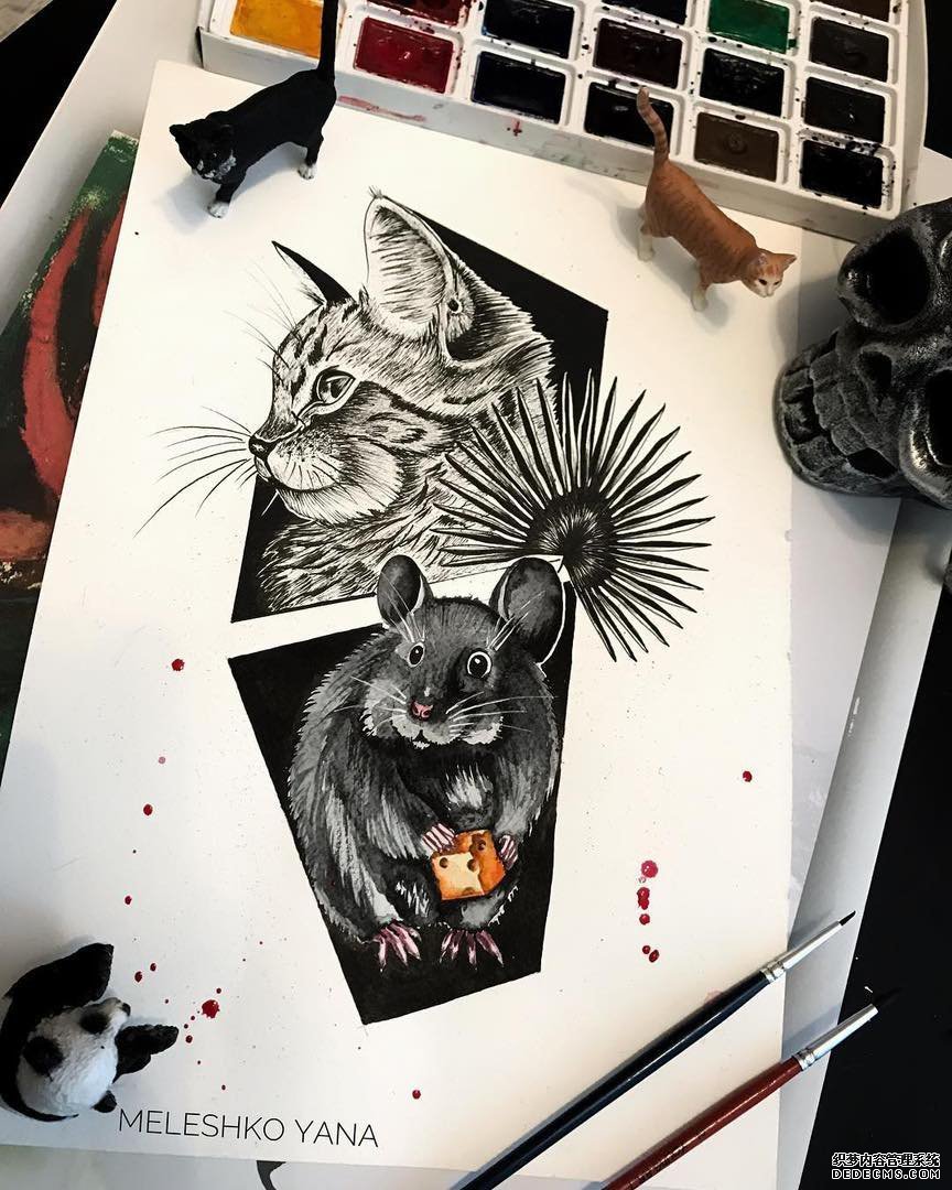 黑灰猫咪老鼠纹身手稿