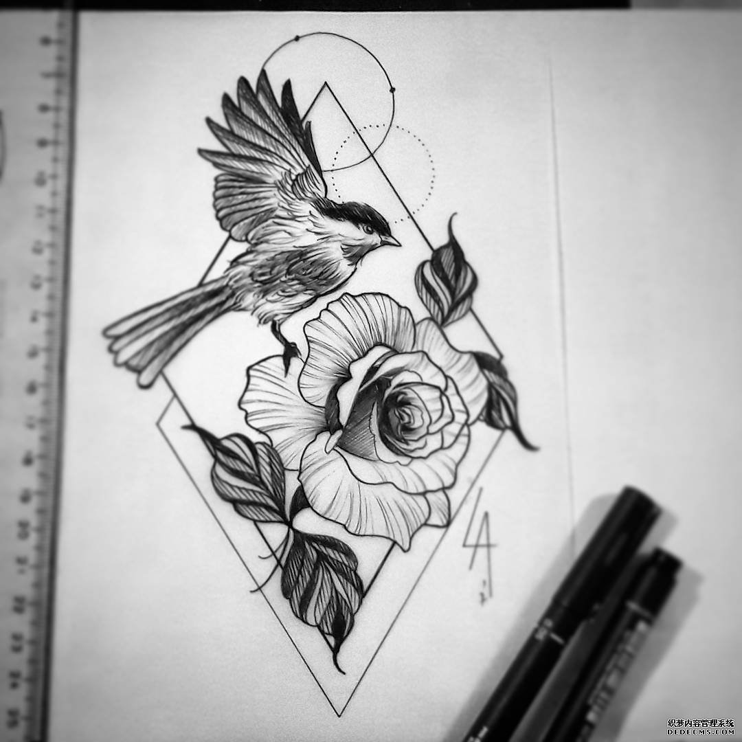 黑灰鸟花纹身手稿