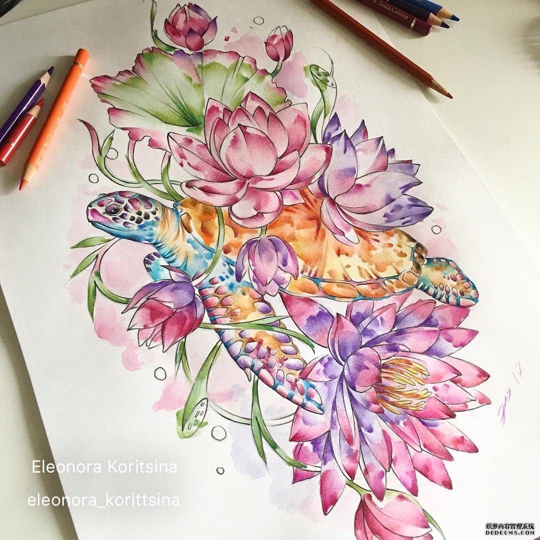 色彩海龟花纹身手稿