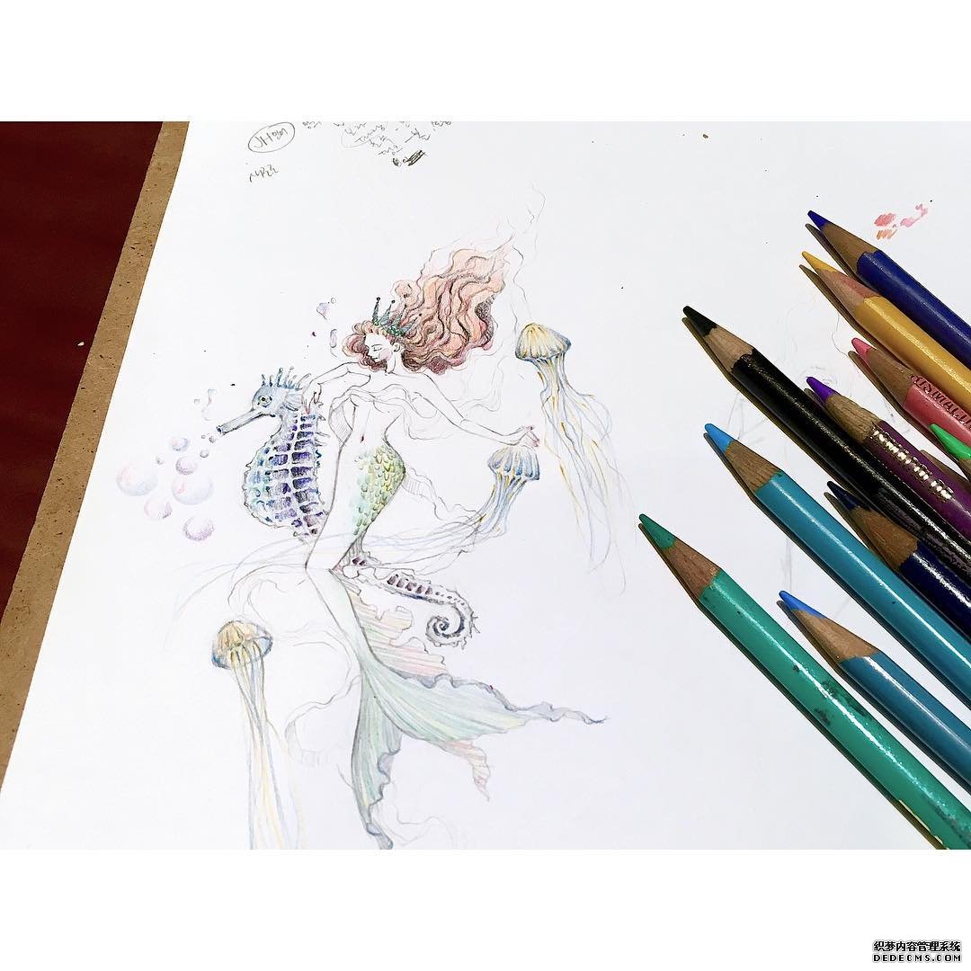 色彩美人鱼海马手稿