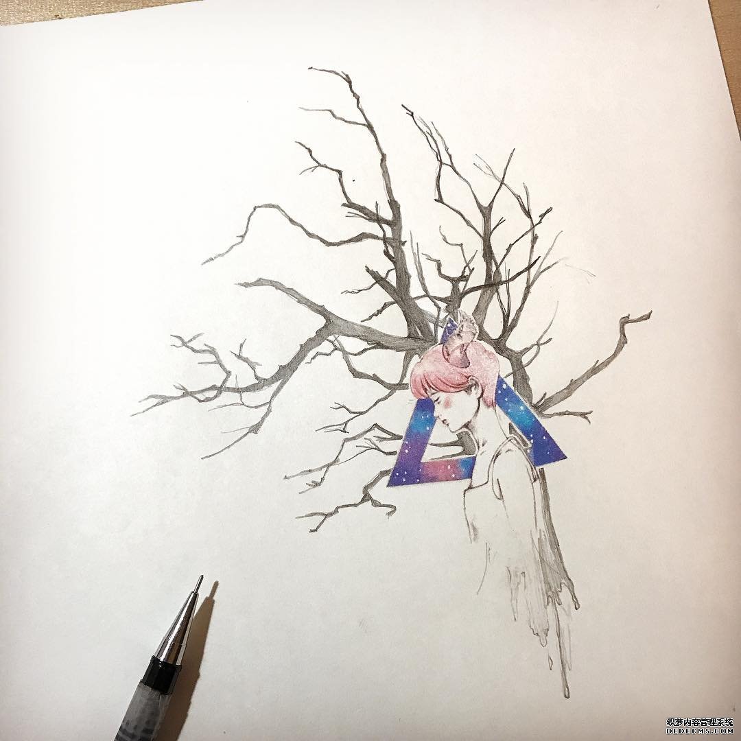 色彩女孩枯树纹身手稿