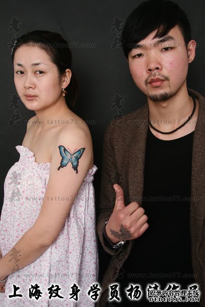 上海学员在校期间大臂色彩蝴蝶文身作品