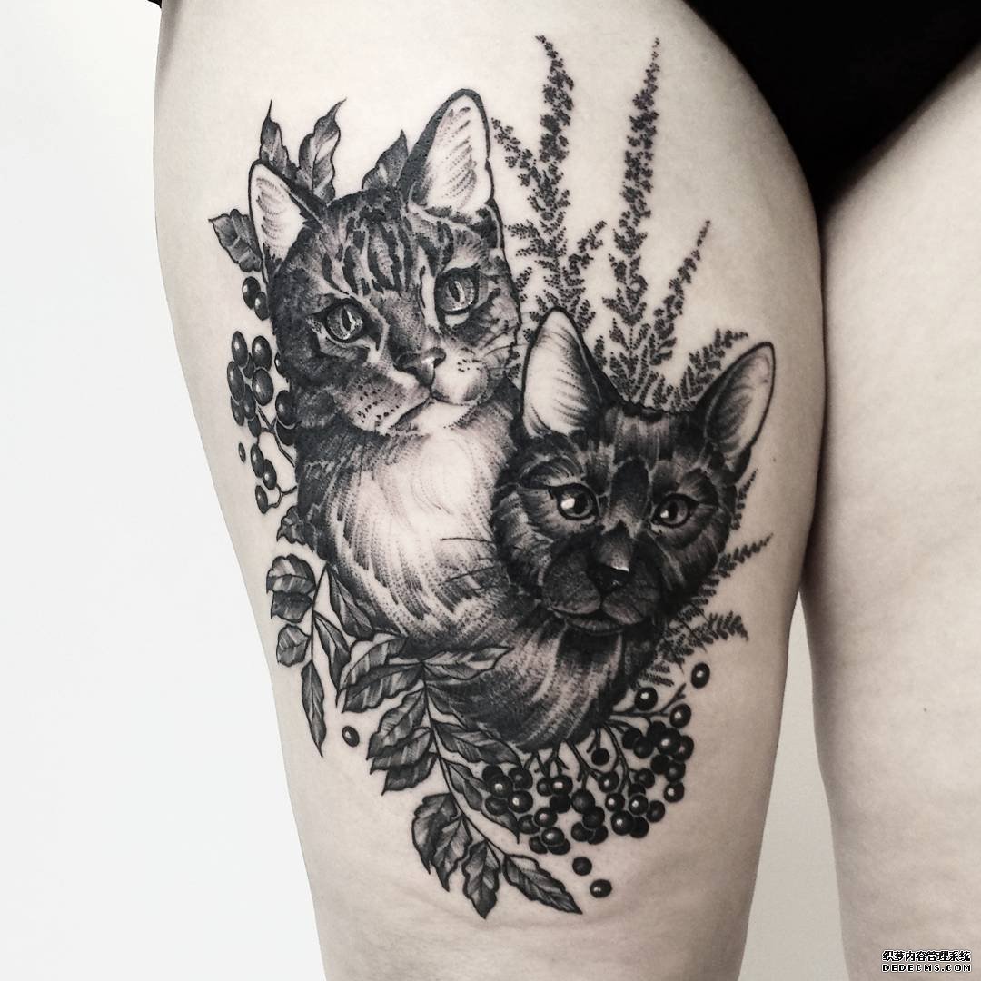 黑灰大腿动物猫咪纹身图案