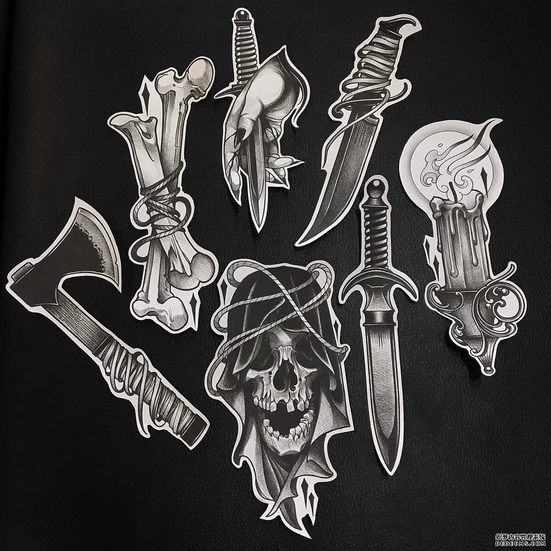 黑灰斧头骷髅烛台纹身图案