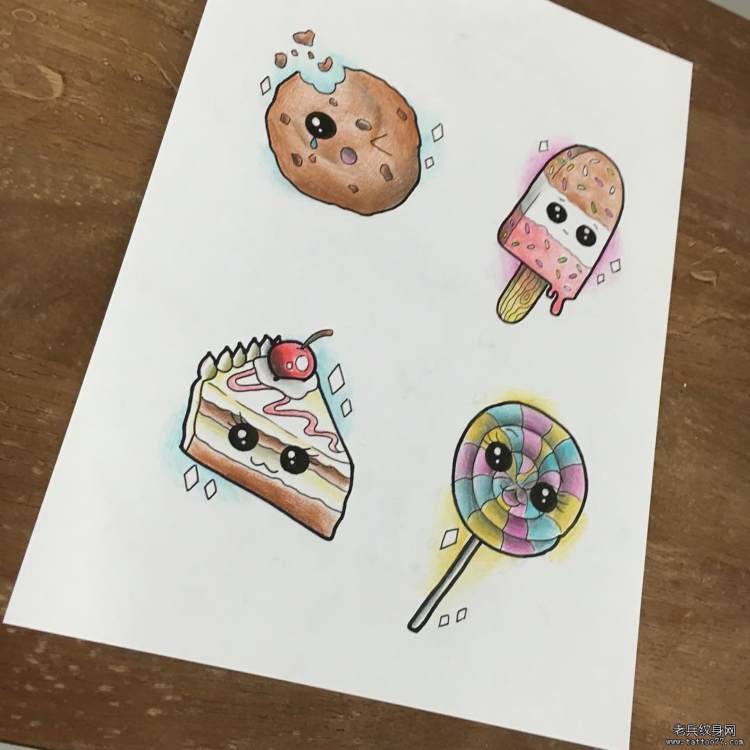 色彩卡通蛋糕糖果纹身手稿
