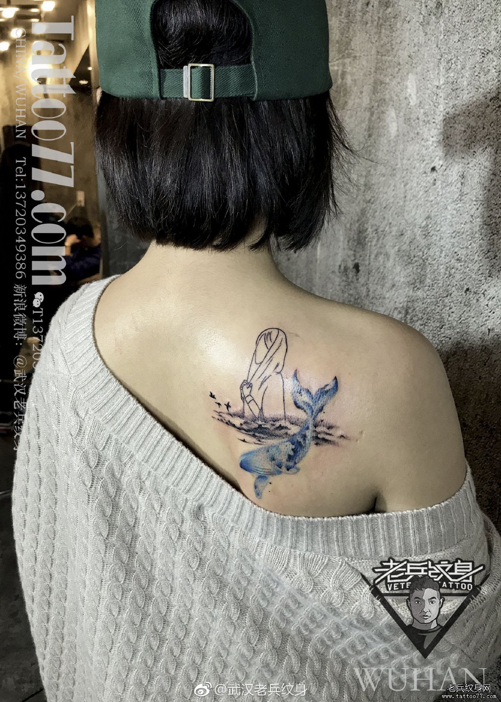 肩胛鲸鱼女孩纹身作品