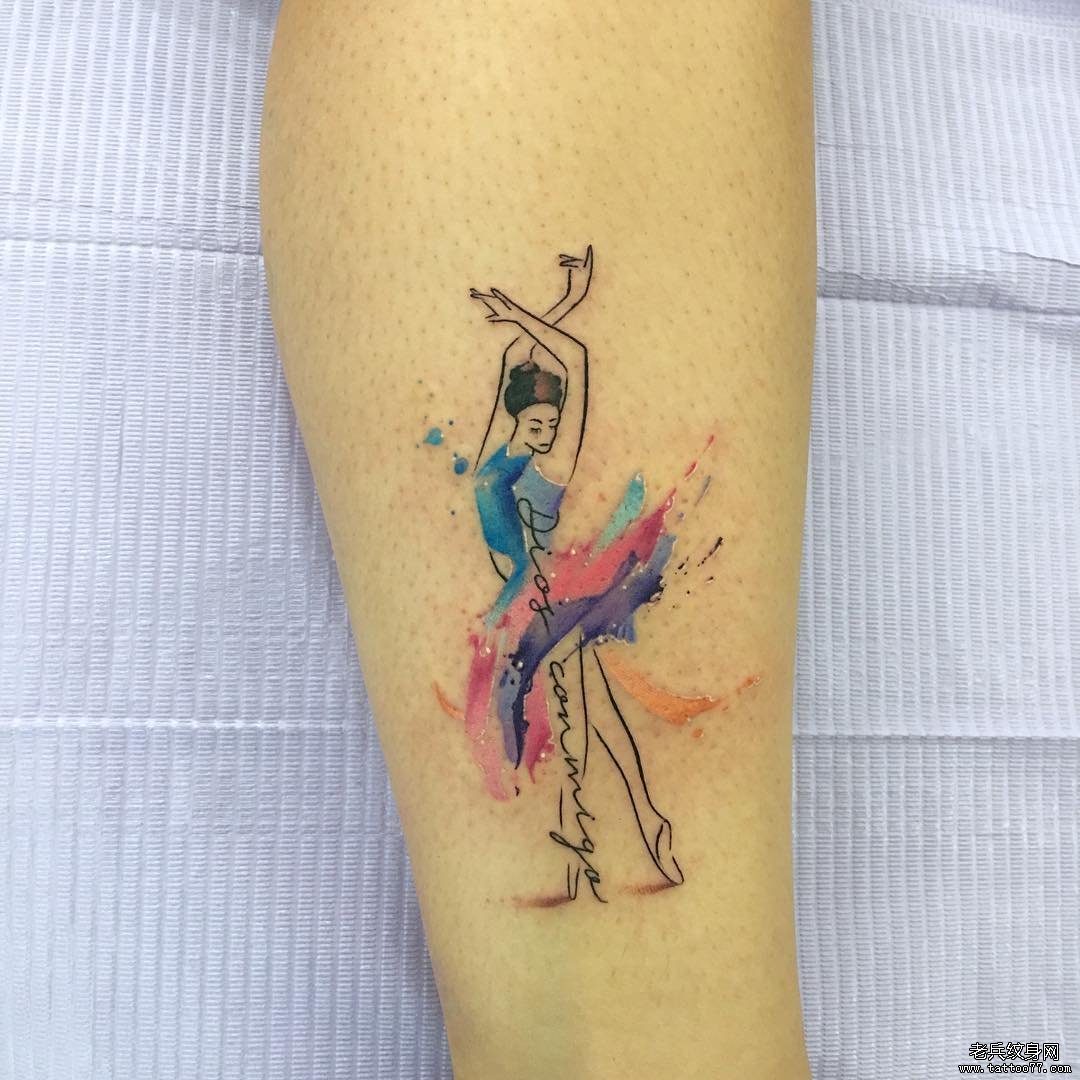 小腿简约色彩舞女纹身