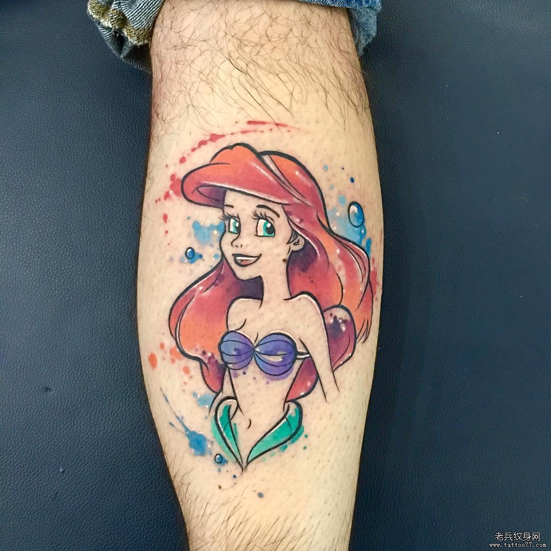 小腿色彩人鱼公主纹身图案