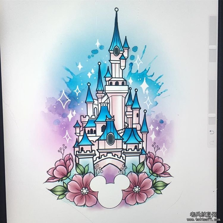 色彩迪士尼城堡纹身手稿