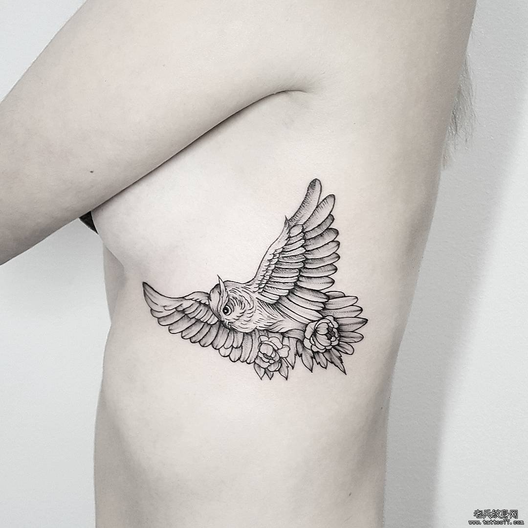 黑灰猫头鹰侧腰tattoo图案