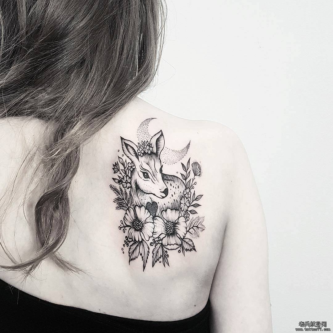 黑灰梅花鹿后背tattoo图案