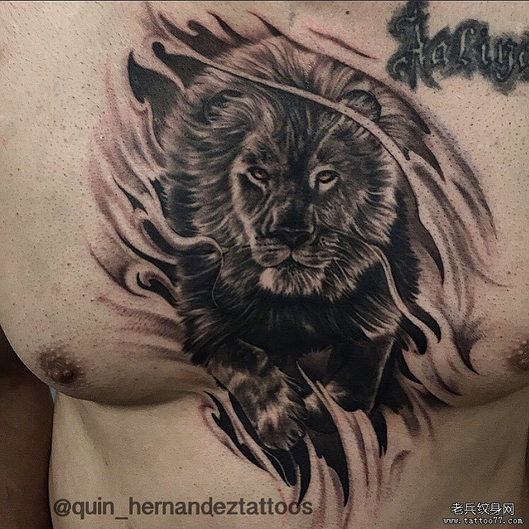 胸口撕皮狮子纹身图案