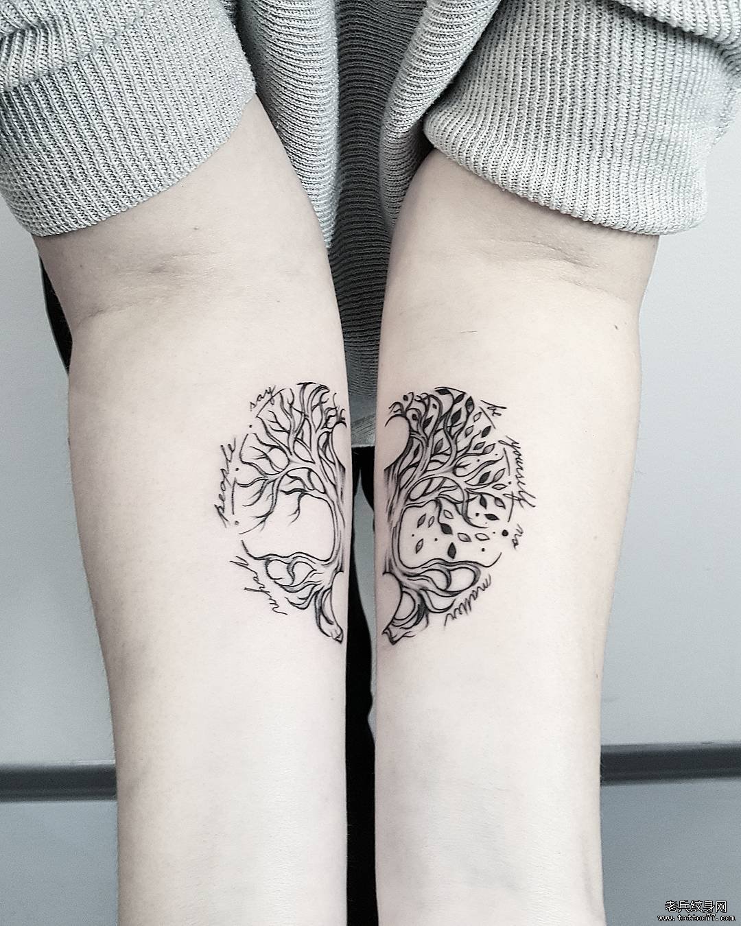 线条树手臂情侣纹身图案