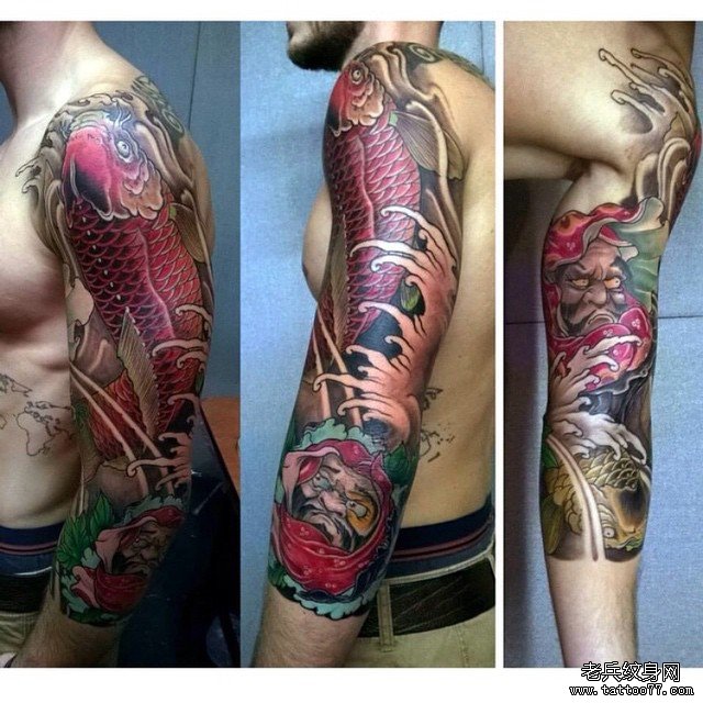 七分袖花臂色彩鲤鱼纹身图案