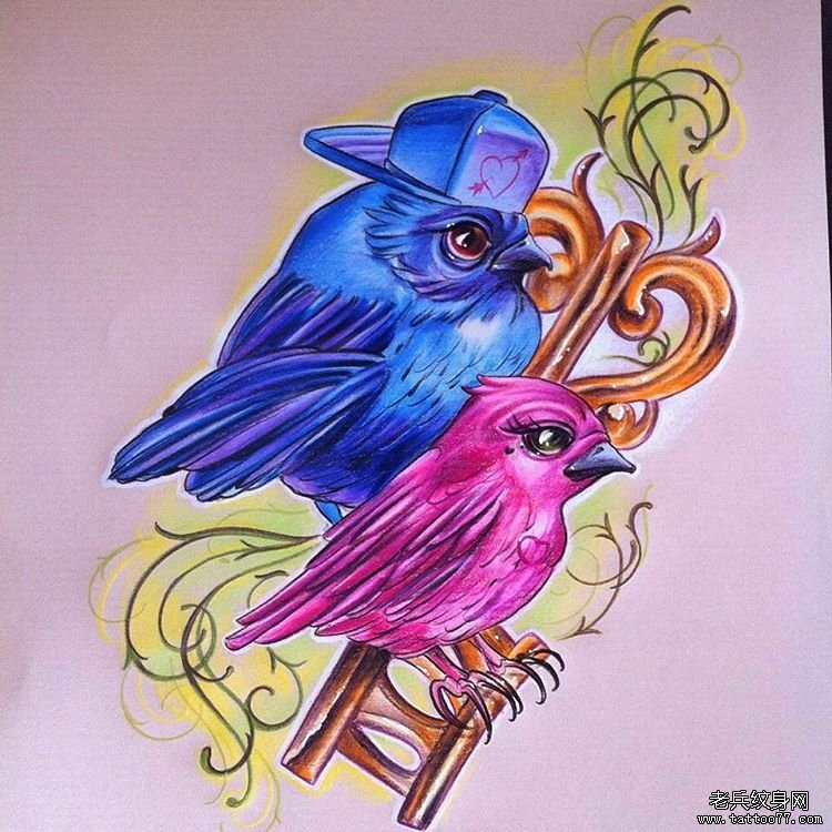 情侣鸟手稿纹身图案