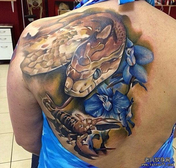 后背蛇花朵蝎子纹身图案