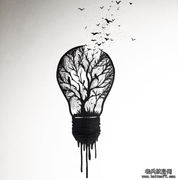 灯泡树乌鸦纹身手稿