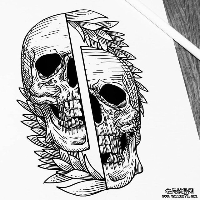 骷髅叶子纹身手稿