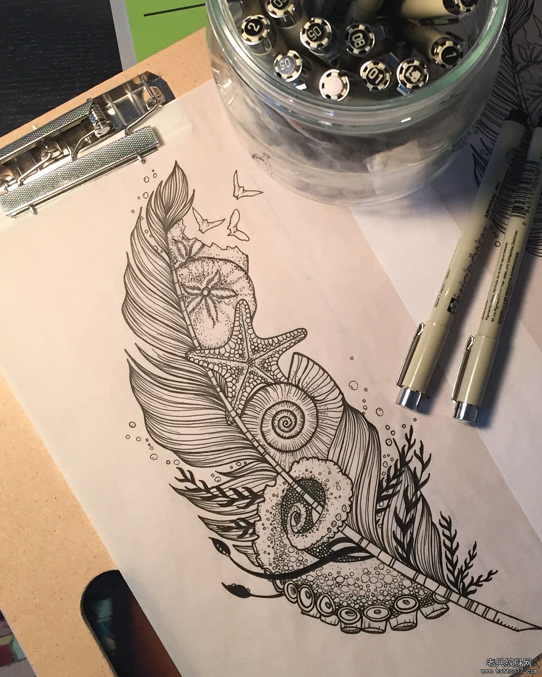 羽毛海星章鱼角纹身手稿