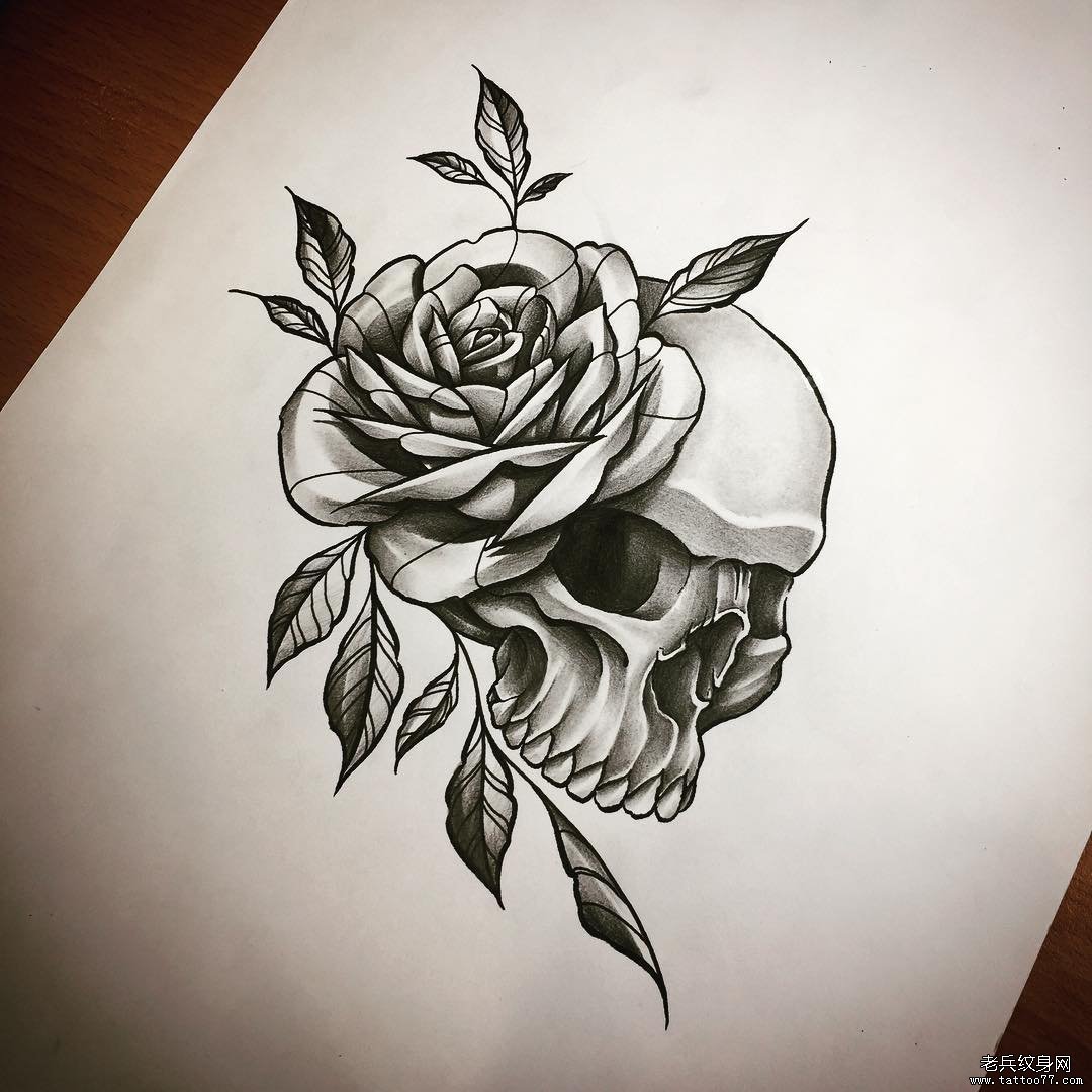 玫瑰骷髅纹身手稿