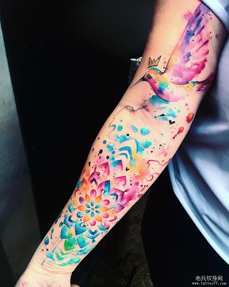 色彩泼墨梵花小鸟手臂tattoo图案
