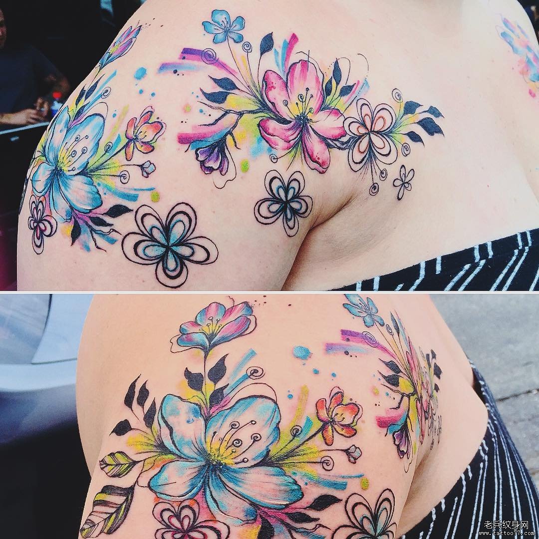 色彩泼墨花大臂tattoo图案