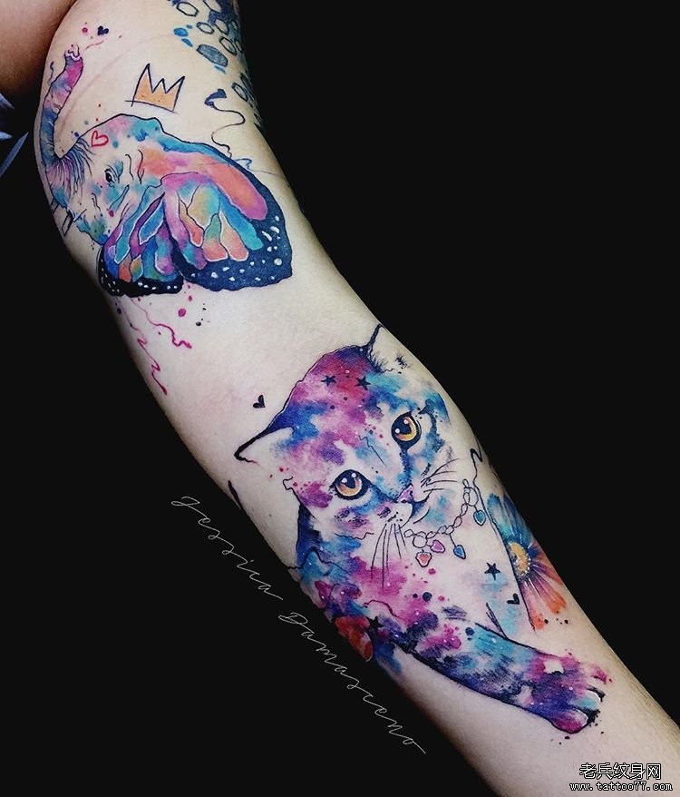 色彩泼墨猫手臂tattoo图案