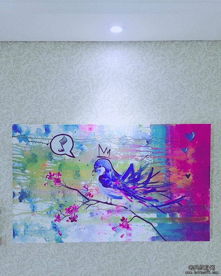色彩泼墨鸟梅花文身手稿