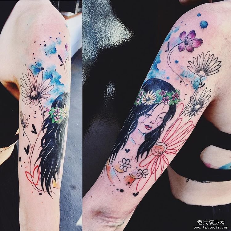 色彩泼墨人物花手臂tattoo图案