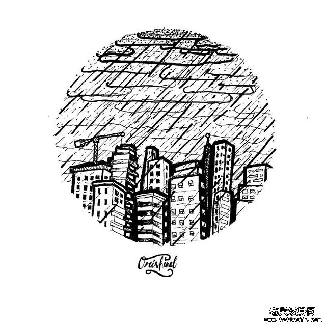 城市下雨纹身图案