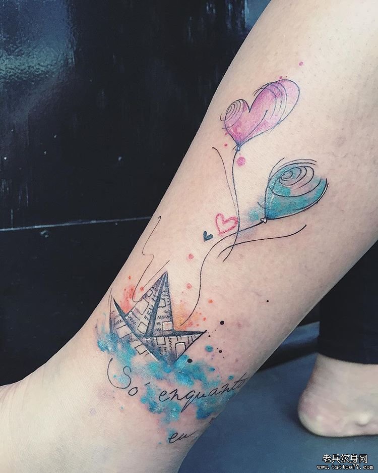 色彩泼墨纸船气球手臂tattoo图案