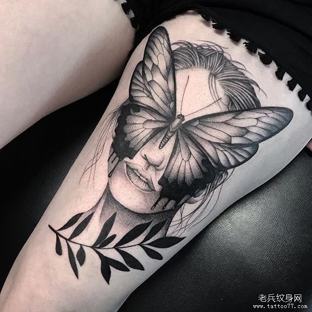 大腿蝴蝶女郎纹身图案