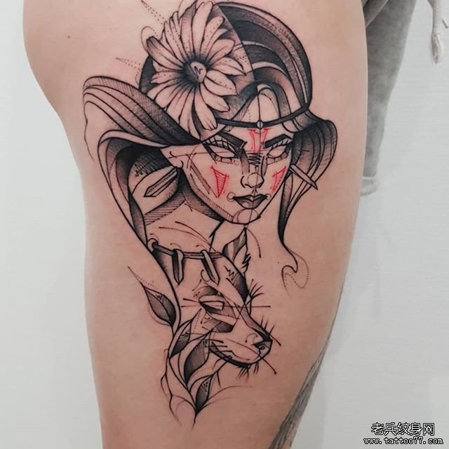腿部女郎狼纹身图案