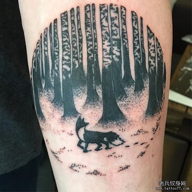 黑灰森林狐狸手臂tattoo图案