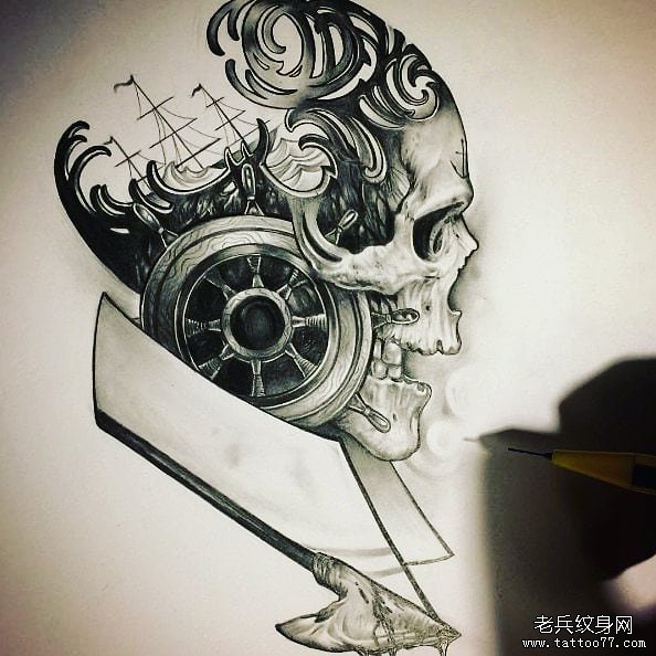 骷髅帆船船舵纹身图案