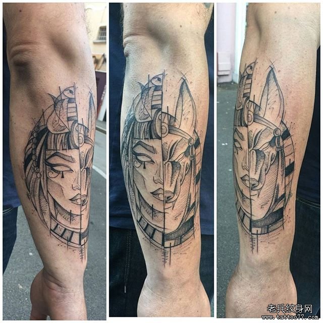 手臂几何线条女人马头纹身图案