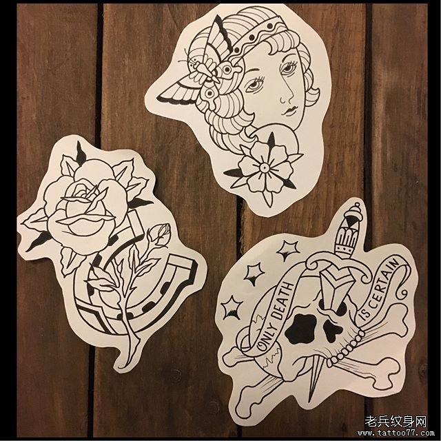 色彩骷髅玫瑰女郎纹身线稿