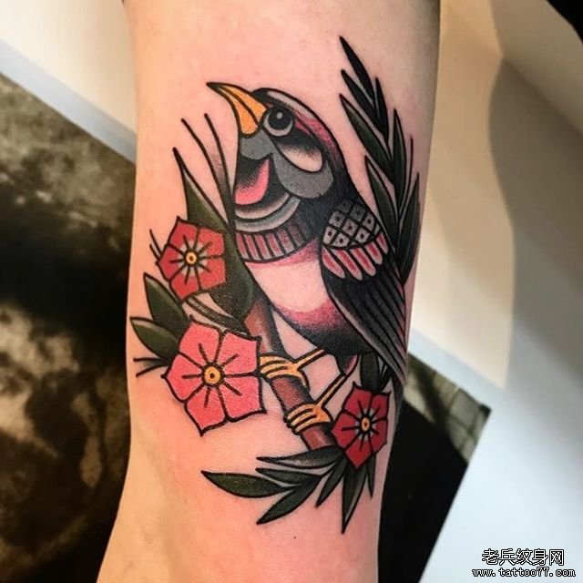 色彩鸟梅花手臂纹身图案
