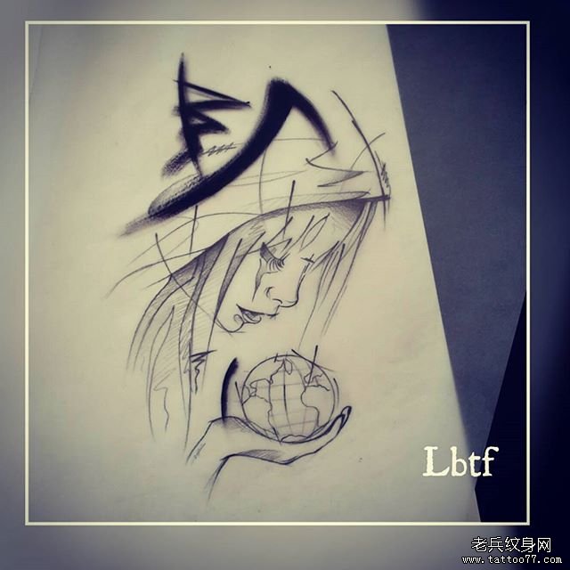 速写抽象线条女郎纹身手稿