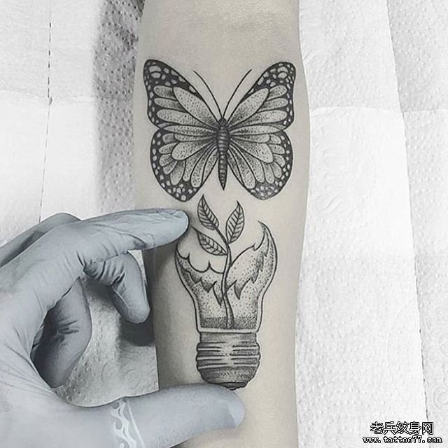 手臂黑灰简约蝴蝶纹身