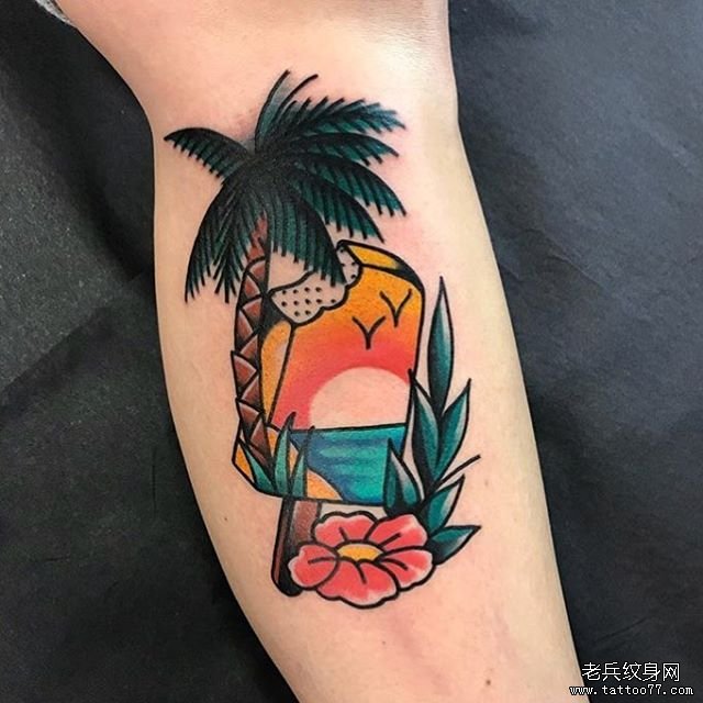 色彩夕阳椰子树小腿纹身图案