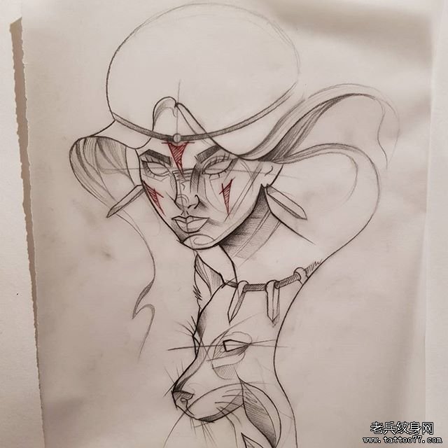 小清新速写风格女人头像纹身手稿