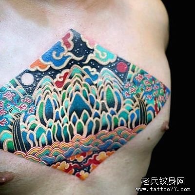 抽象色彩山峰前胸纹身图案
