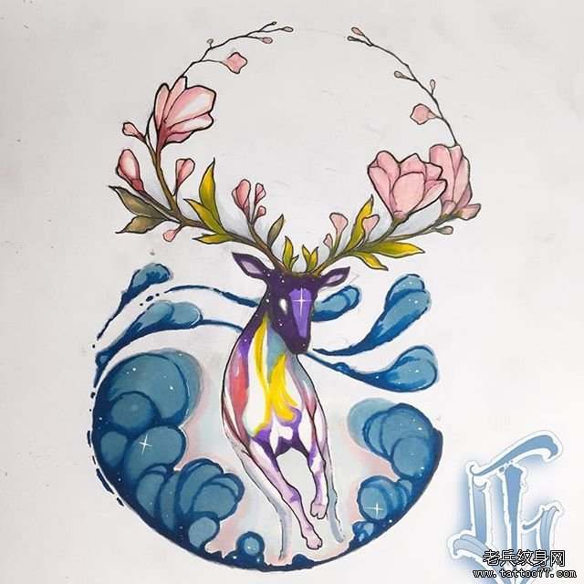 彩色鹿纹身手稿