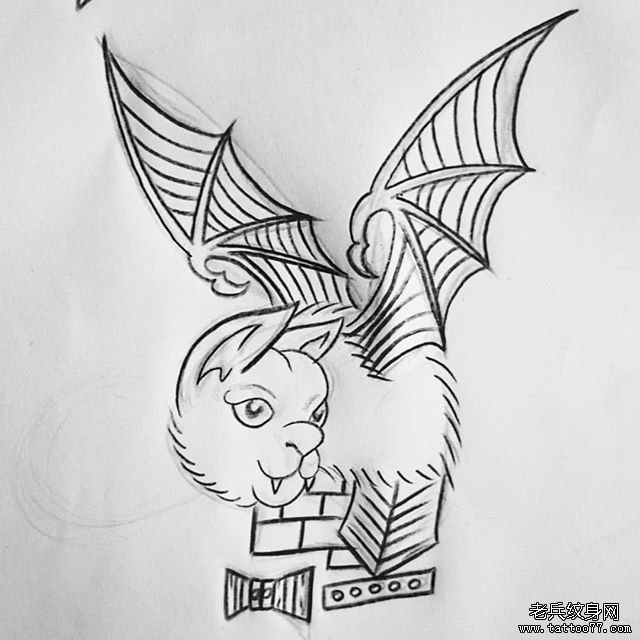 线条翅膀猫纹身手稿