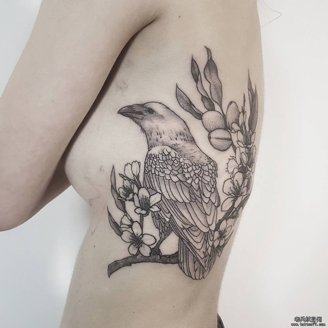 侧腰黑灰小鸟纹身