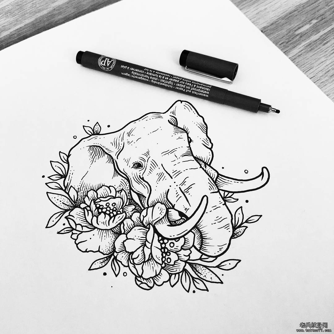 线条大象花纹身手稿