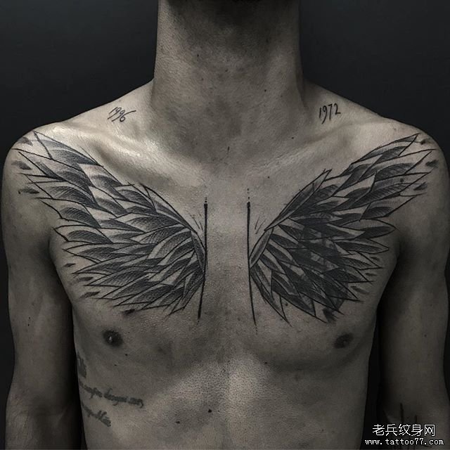 男生胸前线条翅膀纹身图案